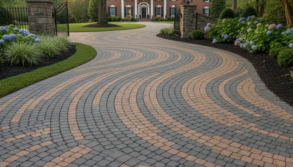Curved paver driveway design with precise stone layout by landscaping experts in Greenville, NC